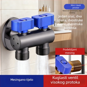 Debljeni nerđajući čelik, kutni kuglasti ventil s 1 ulazom i 2 izlaza, visokoprotočni kuglasti ventil, neovisni prekidač, dvostruka ručka, dvostruki nadzor, kompaktnog dizajna za uštedu prostora