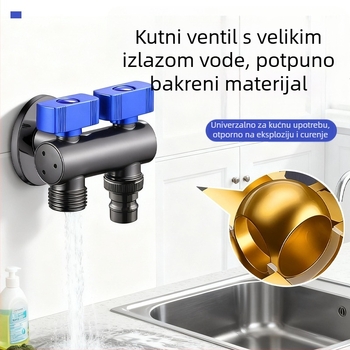 Debljeni nerđajući čelik, kutni kuglasti ventil s 1 ulazom i 2 izlaza, visokoprotočni kuglasti ventil, neovisni prekidač, dvostruka ručka, dvostruki nadzor, kompaktnog dizajna za uštedu prostora