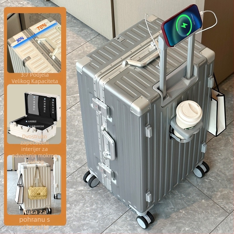 Putni kofer s 7/3 podjelom, prednje otvaranje, velika zapremina, aluminijski okvir, 360° kotači, ručni prtljag