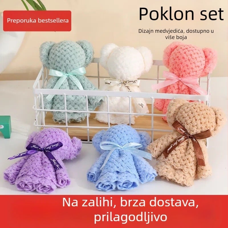 Ručnik s medvjedićem od koralnog velura - poklon za završetak vrtića, svadbeni poklon, suvenir događaja