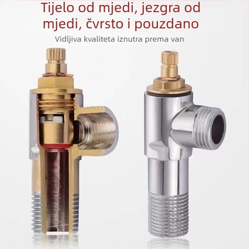 Bakrena kutna ventila za toplu i hladnu vodu, kućno kupatilo i bojler, ulaz 1, izlaz 2, priključak sa navojem 1/2 inča.