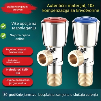 Bakrena kutna ventila za toplu i hladnu vodu, kućno kupatilo i bojler, ulaz 1, izlaz 2, priključak sa navojem 1/2 inča.
