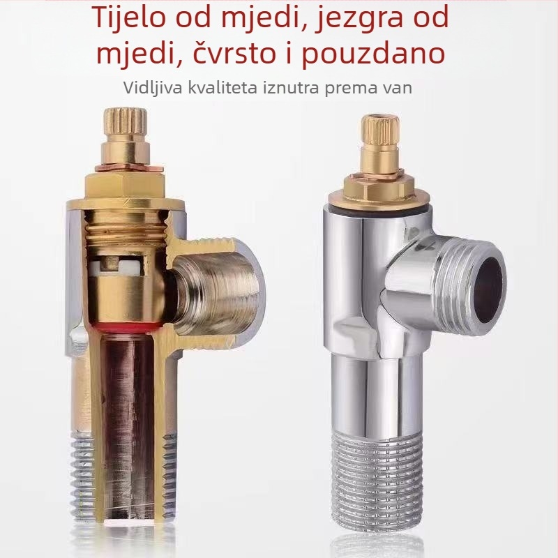 Bakrena kutna ventila za toplu i hladnu vodu, kućno kupatilo i bojler, ulaz 1, izlaz 2, priključak sa navojem 1/2 inča.