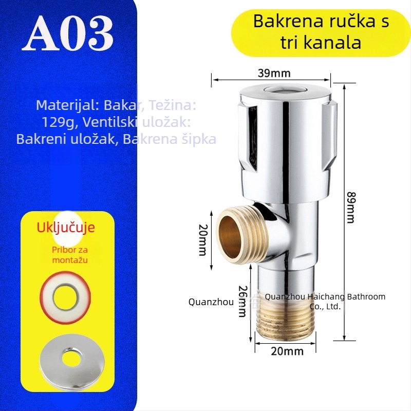 Bakrena kutna ventila za toplu i hladnu vodu, kućno kupatilo i bojler, ulaz 1, izlaz 2, priključak sa navojem 1/2 inča.