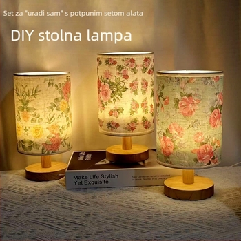 Ručni DIY komplet za stolnu lampu s uključenim alatima, abažur od tkanine s europskim stilom i cvjetnim uzorkom, kreativna dekorativna noćna svjetiljka