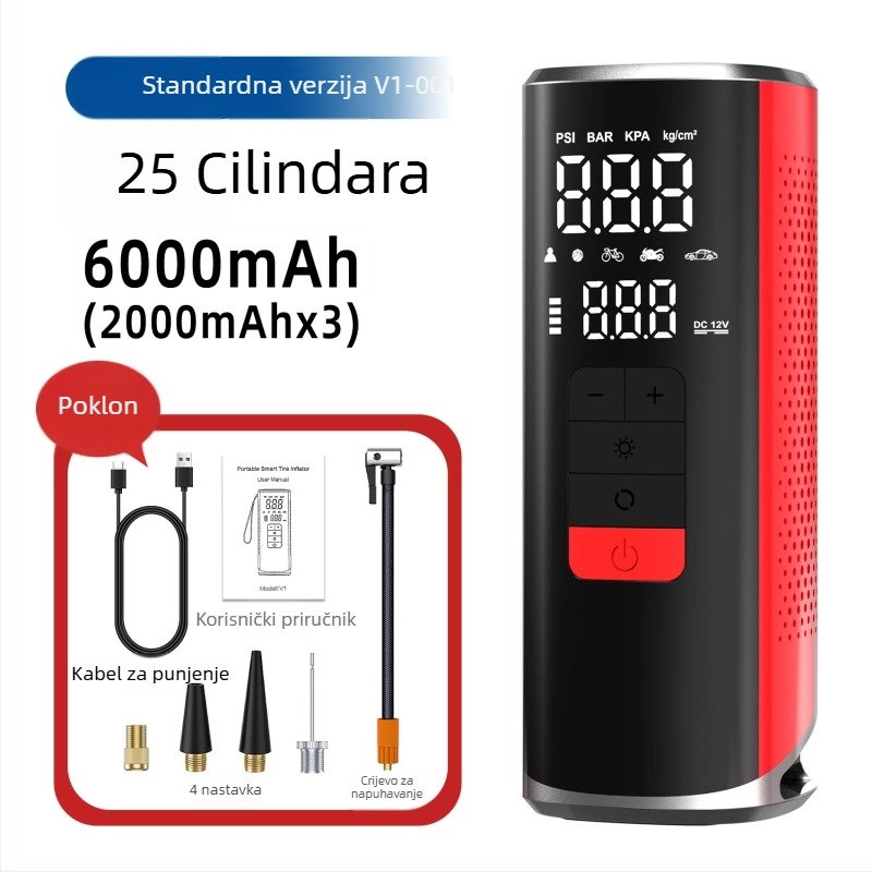 Bežična pumpa za zrak u automobilu, prijenosna visokoučinkovita pumpa za gume, visoki tlak, USB napajanje, LED svjetlo, automatsko isključivanje