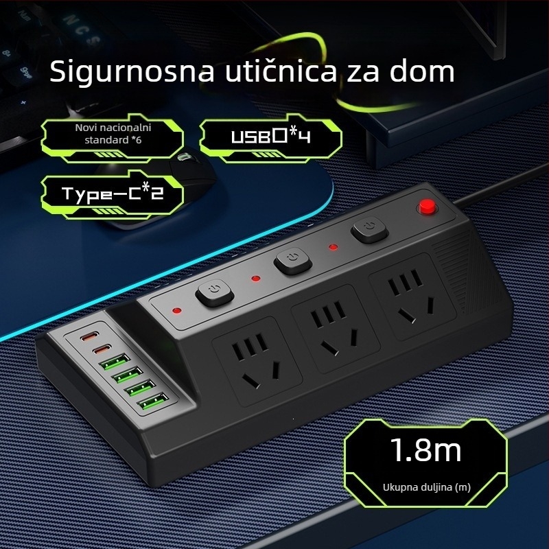 Višestruka USB utičnica s 4 USB portova i 2 Type-C porta, stolni produžni kabel za dom i ured
