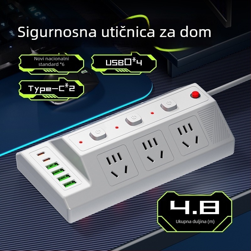 Višestruka USB utičnica s 4 USB portova i 2 Type-C porta, stolni produžni kabel za dom i ured