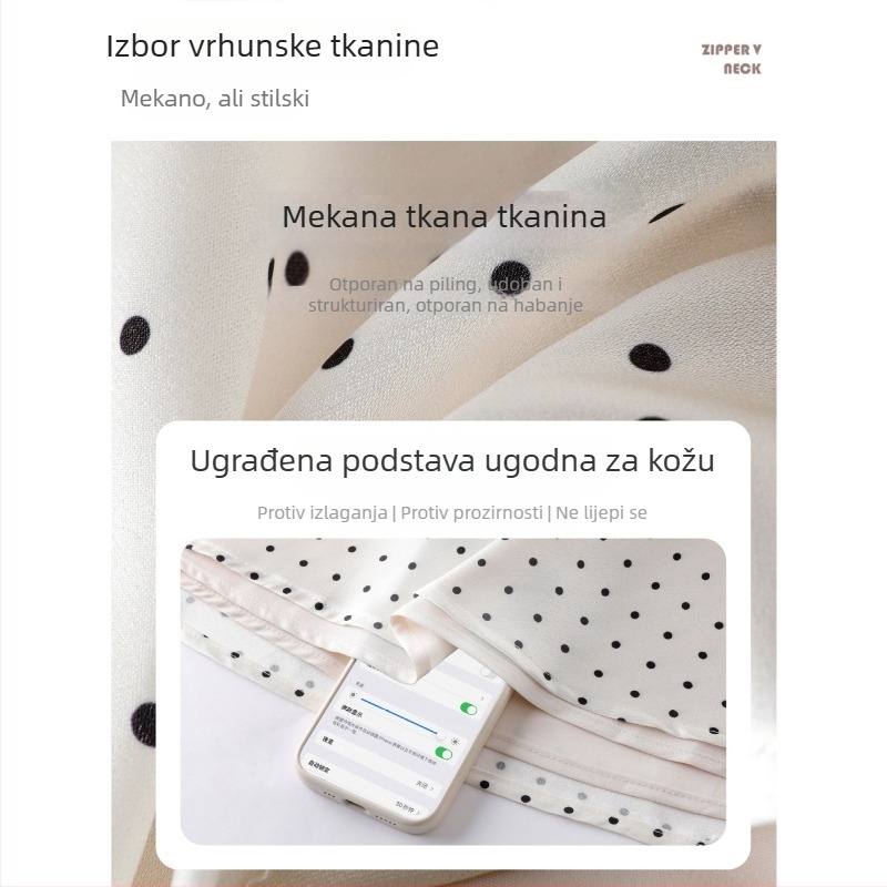Bijela saten poliester midi suknja, visokim strukom, A-linija, uska u bokovima, drapirana u francuskom stilu, s točkicama