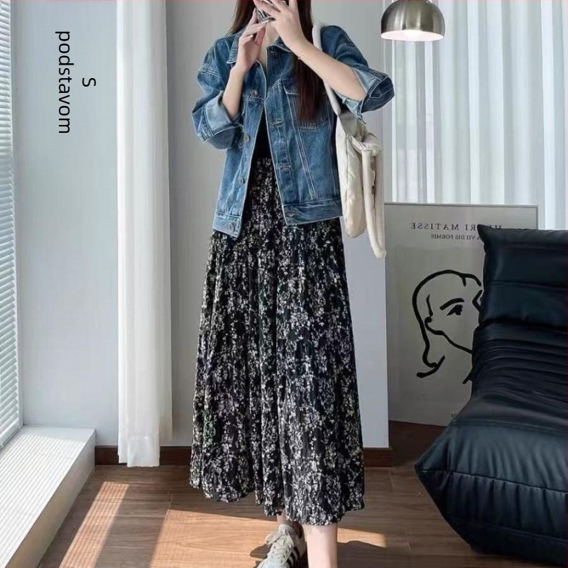 Ljetna floralna midi suknja visokog struka, A-linija, patchwork