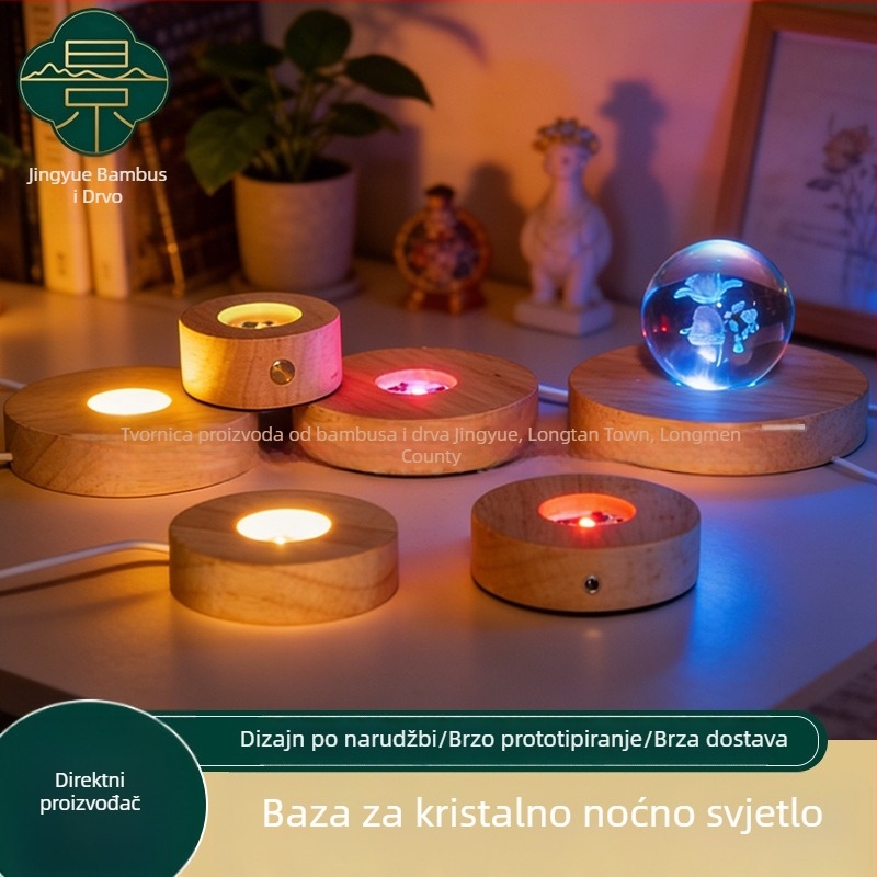 LED noćna lampica s kristalnim ukrasom na okrugloj bazi od duba – osvijetljen drveni dar
