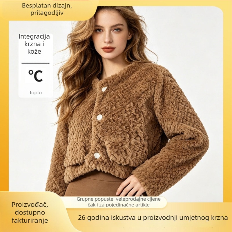 Ženska jakna u korejskom stilu, kratka, srednje dužine, od umjetnog krzna, okrugli izrez, topla za jesen i zimu, opuštenog kroja.