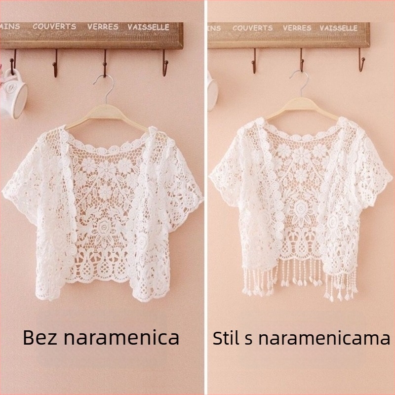 Ženski ljetni pleteni kardigan-šal, kratki model, proziran dizajn, vanjski sloj za vjenčanicu