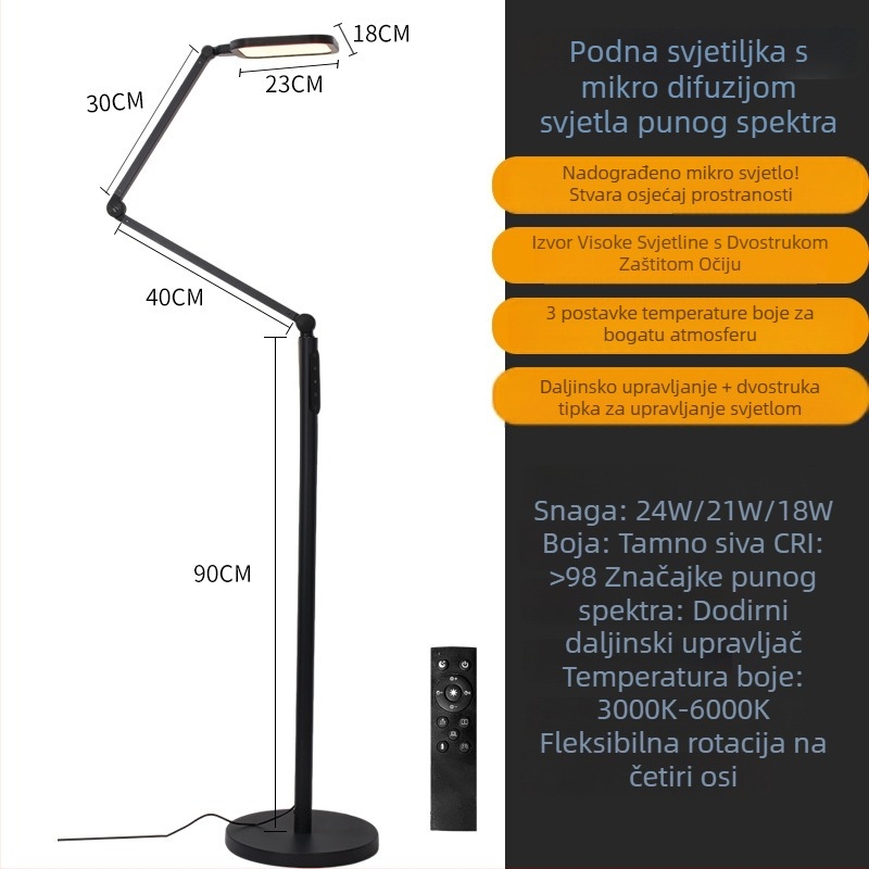 Podna LED lampa s kompletnim spektrom i visokim CRI (≥98), zaštita očiju, daljinsko upravljanje svjetlinom, za dnevni boravak, spavaću sobu, studij i učenje