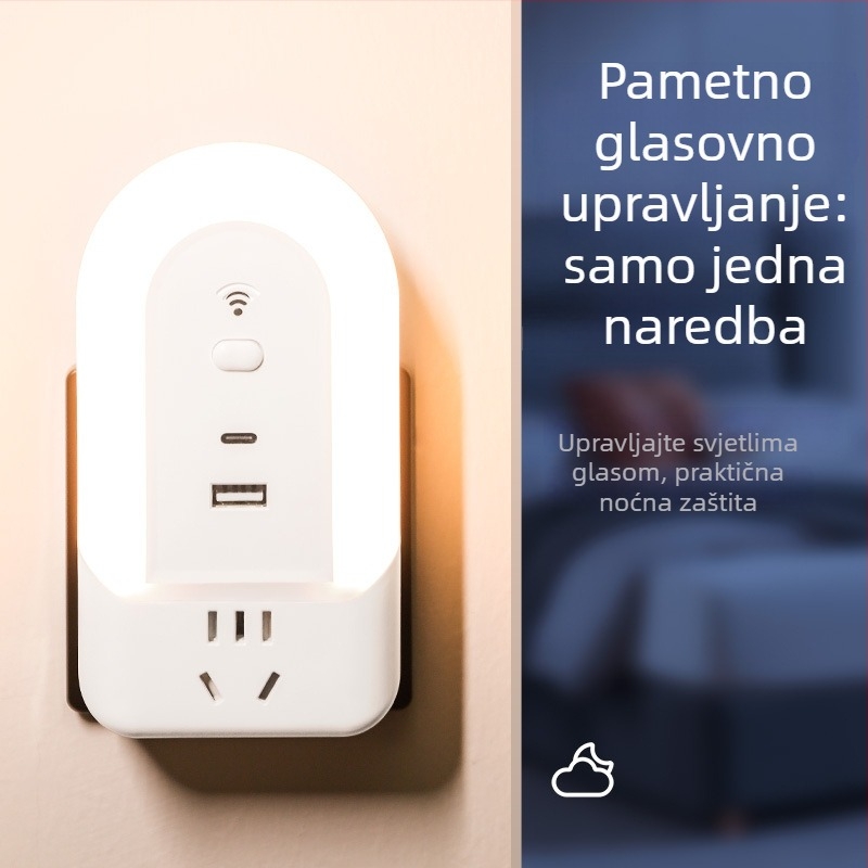 Pametna lampica s glasovnim upravljanjem i ugrađenom utičnicom – noćna lampica za spavaću sobu s nježnim svjetlom koje štiti oči