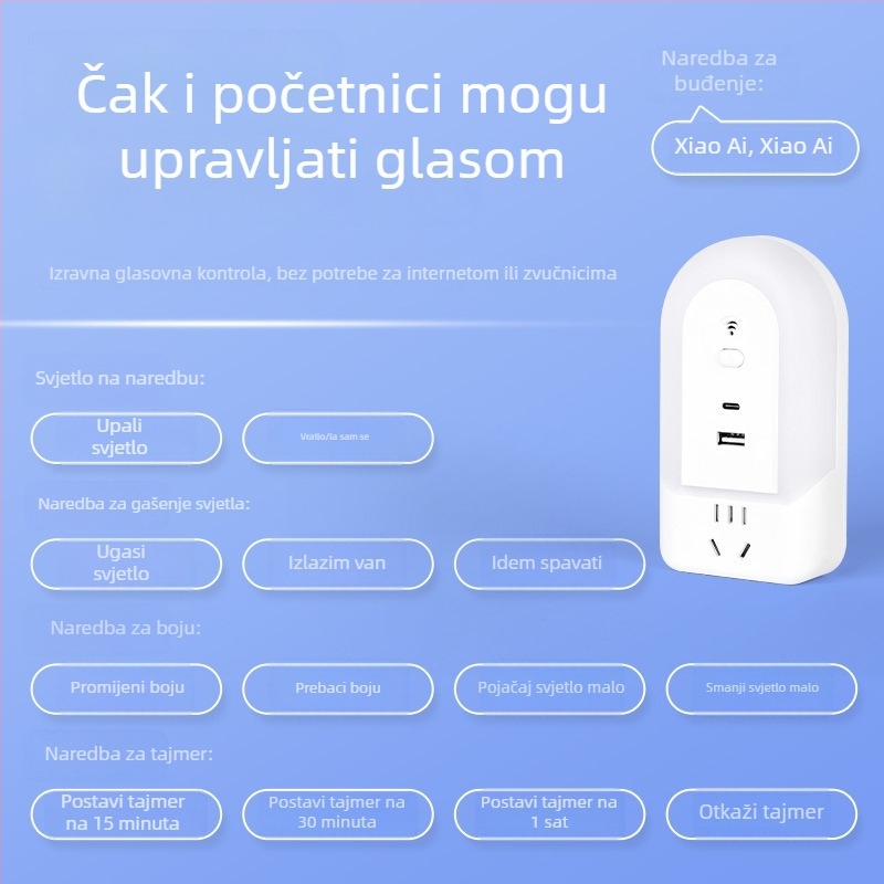 Pametna lampica s glasovnim upravljanjem i ugrađenom utičnicom – noćna lampica za spavaću sobu s nježnim svjetlom koje štiti oči