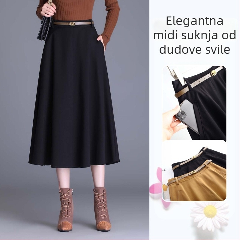 Ženska A-linijska midi suknja od mulberijske svile, visoki struk, korejski stil, elegantan i laskajući kroj