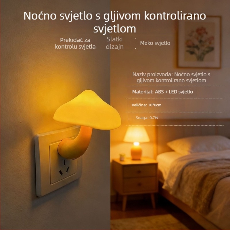 LED noćna svjetiljka u obliku gljive, utična, s senzorom svjetla, za spavaću sobu