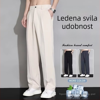 Muške casual hlače za jesen/zimu, debele, široke ravne krojenje, otporne na nabore, elastične, srednji pojas, s remenom