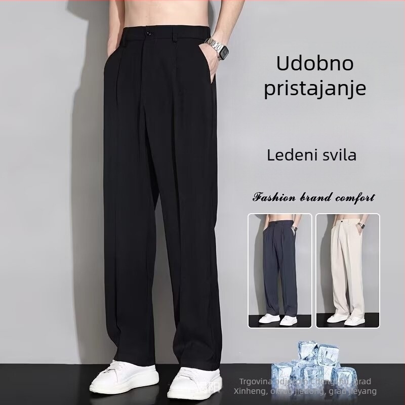 Muške casual hlače za jesen/zimu, debele, široke ravne krojenje, otporne na nabore, elastične, srednji pojas, s remenom