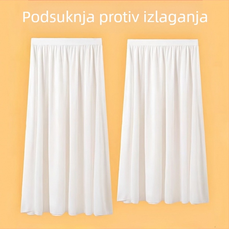 Duga plitka plisirana suknja s bijelom donjom, slojeviti dizajn za skromnost, ljeto
