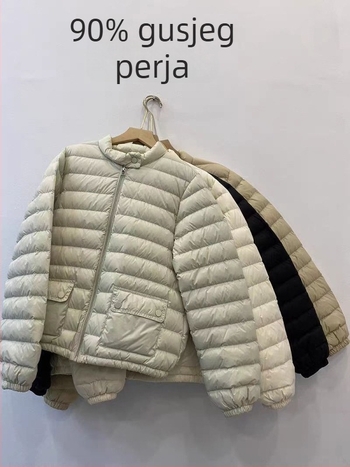 Ženska lagana puffer jakna s stojećim ovratnikom, bez kapulje, kratka, širokog kroja, gradski stil, gusje perje 90%+, najlon vanjska tkanina