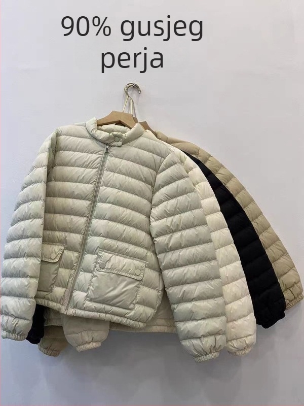 Ženska lagana puffer jakna s stojećim ovratnikom, bez kapulje, kratka, širokog kroja, gradski stil, gusje perje 90%+, najlon vanjska tkanina