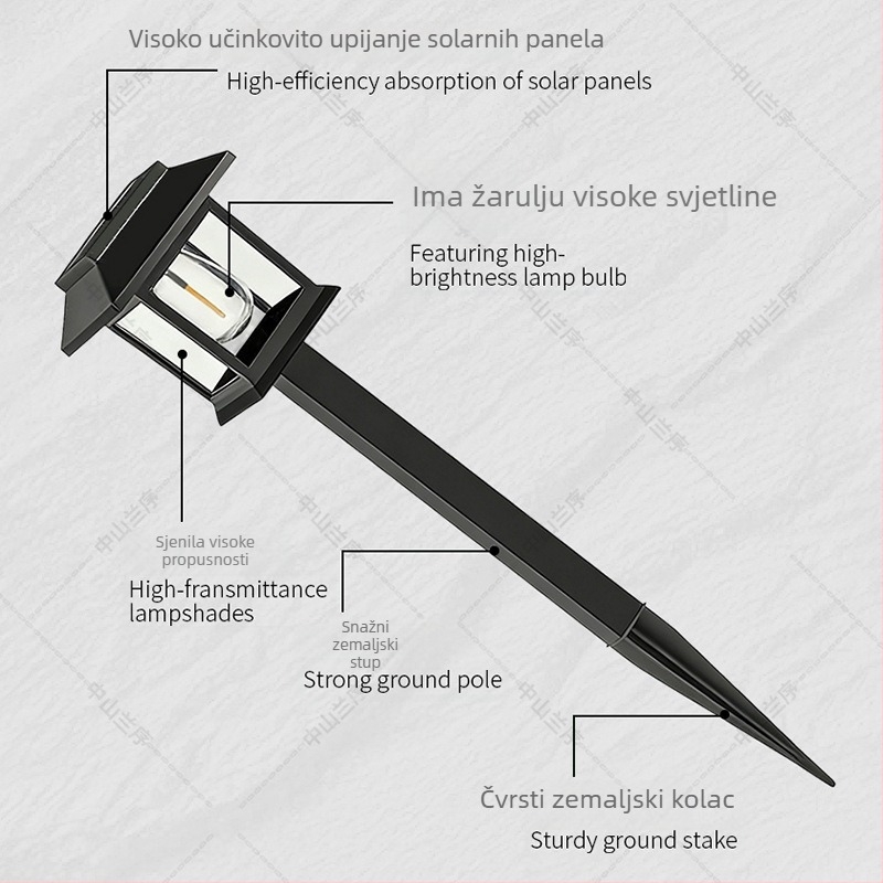 Solarna LED lampa za dvorište, plastična kvadratna lampa stila palače, vanjska dekorativna rasvjeta