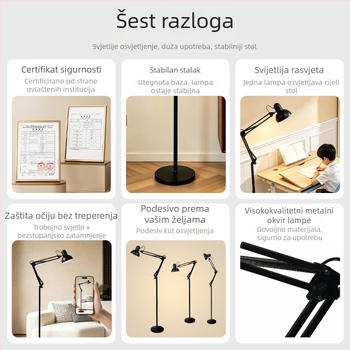 Energetska LED podna lampa s dugim pomičnim ramom, sklopiva, daljinsko podešavanje osvjetljenja, nordijski stil, zaštita očiju, metalno umjetničko tijelo