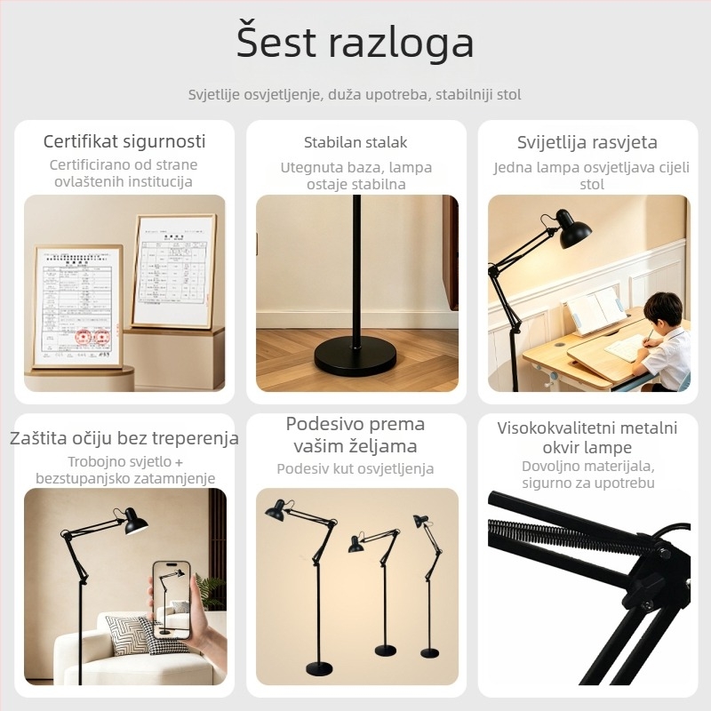 Energetska LED podna lampa s dugim pomičnim ramom, sklopiva, daljinsko podešavanje osvjetljenja, nordijski stil, zaštita očiju, metalno umjetničko tijelo