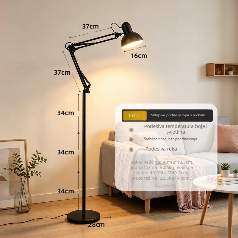 Energetska LED podna lampa s dugim pomičnim ramom, sklopiva, daljinsko podešavanje osvjetljenja, nordijski stil, zaštita očiju, metalno umjetničko tijelo