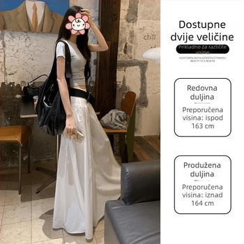 Bijela duga A-linijska suknja s visokim strukom, puff silueta, ljeto, poliester