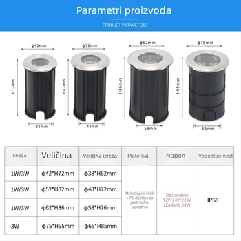 LED podzemna podvodna svjetiljka od nehrđajućeg čelika, 1W/3W, za parkove i trgove, vanjska vodootporna rasvjeta