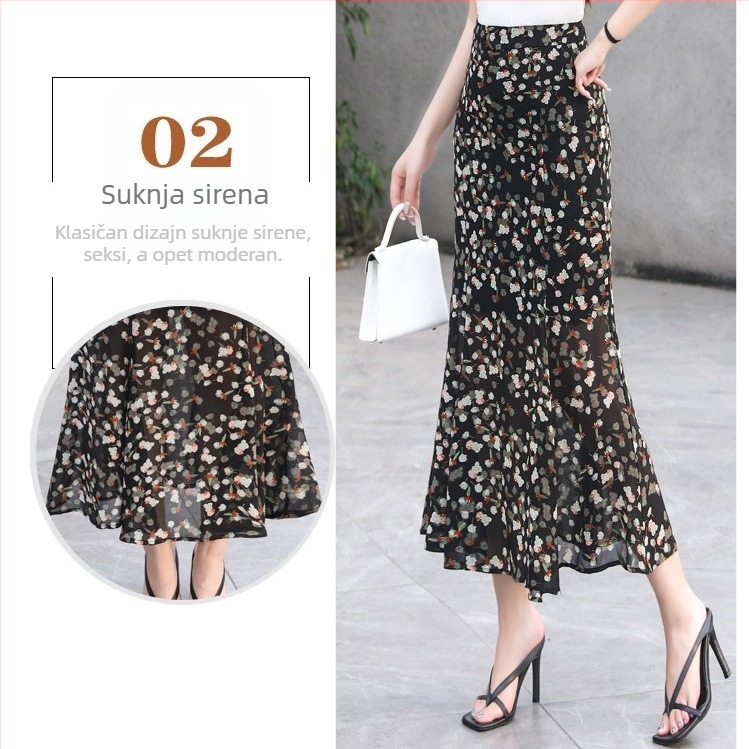 Visokokvalitetna duga suknja s cvjetnim uzorkom, visokim strukom, tijesnim krojem