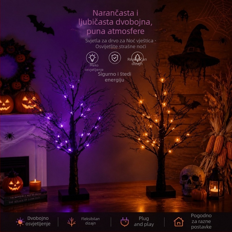 LED stablo sa umjetnim granama, 60 cm, 24 LED, IP44, unutarnja Halloween dekoracija