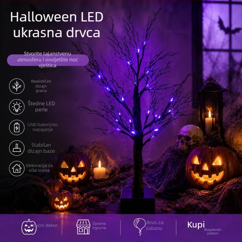 LED stablo sa umjetnim granama, 60 cm, 24 LED, IP44, unutarnja Halloween dekoracija