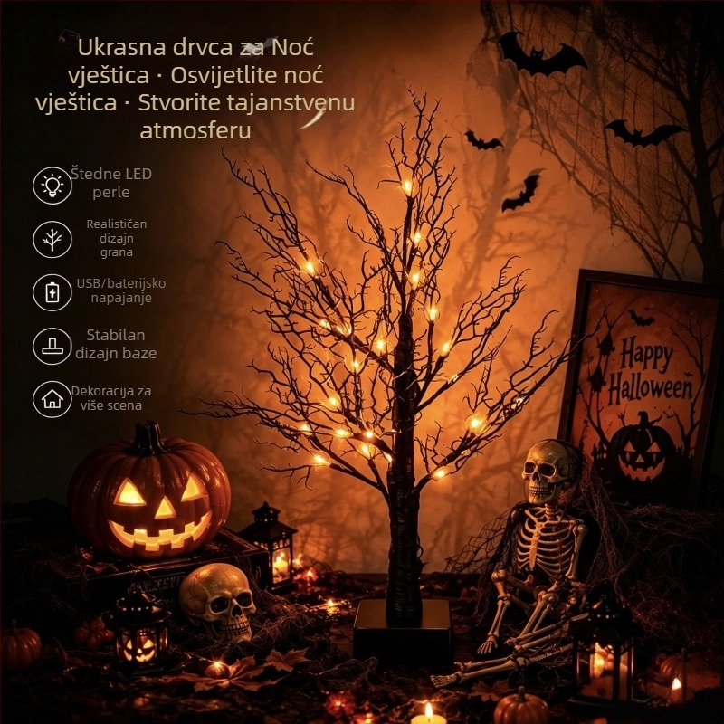 LED stablo sa umjetnim granama, 60 cm, 24 LED, IP44, unutarnja Halloween dekoracija