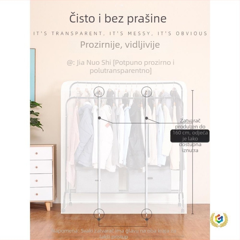 Zaštitna navlaka za prašinu za podnu vješalicu za odjeću, s dvije šipke različite visine i jednom šipkom, produžena zaštita za kapute i jakne