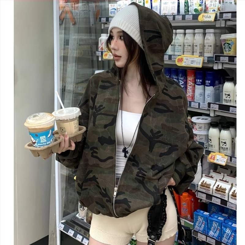 Ženska hoodie jakna s camo uzorkom, američki retro stil, slobodan kroj, dugi rukavi, zatvarač, za jesen