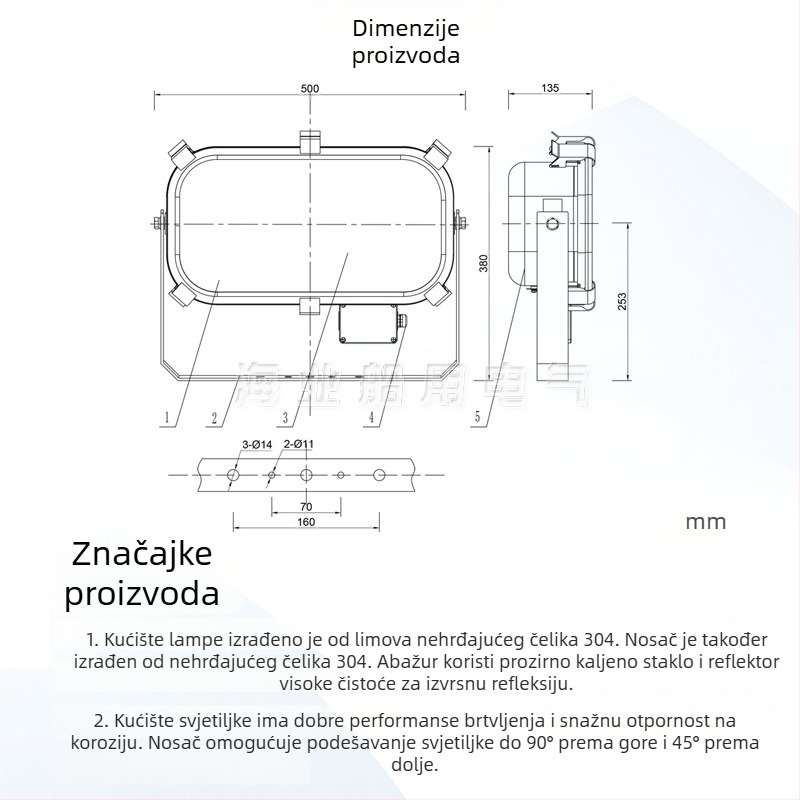 Pomorski reflektor od nehrđajućeg čelika, halogenski, vodootporan, za palubu — TG4 500W/1000W, JTT izvor svjetla