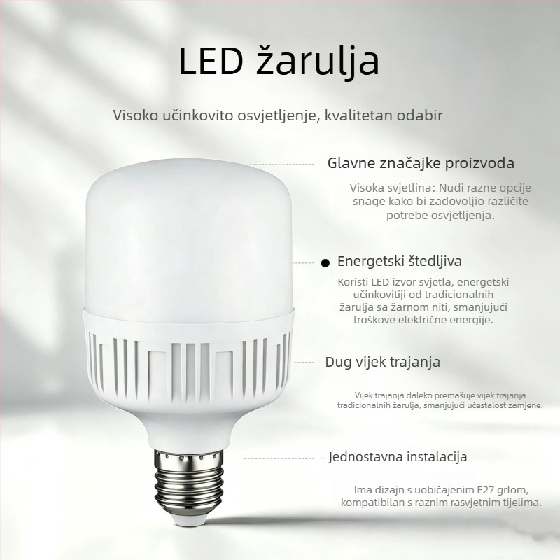 LED žarulica s energetskom uštedom, E27 velik navoj, bijela svjetlost za kućno osvjetljenje, pogodna za skladište i radionu