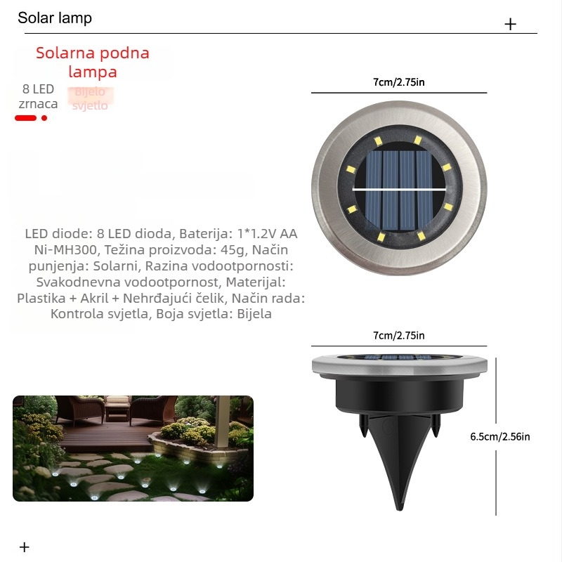Solarsko vanjsko svjetlo za vrt s 8 LED dioda, dekorativno osvjetljenje krajolika travnjaka, ugradna svjetiljka u tlo