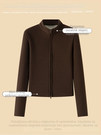 H863 Ženska jakna od austrijskog baršuna s fleece podlogom, stojeći ovratnik, dvostruki zip, uski kroj, kratka duljina, dugi rukavi
