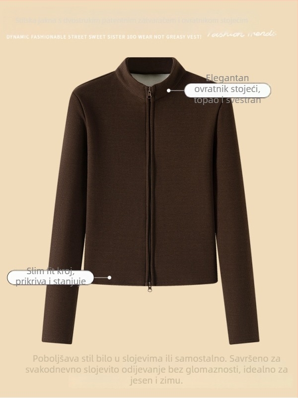 H863 Ženska jakna od austrijskog baršuna s fleece podlogom, stojeći ovratnik, dvostruki zip, uski kroj, kratka duljina, dugi rukavi