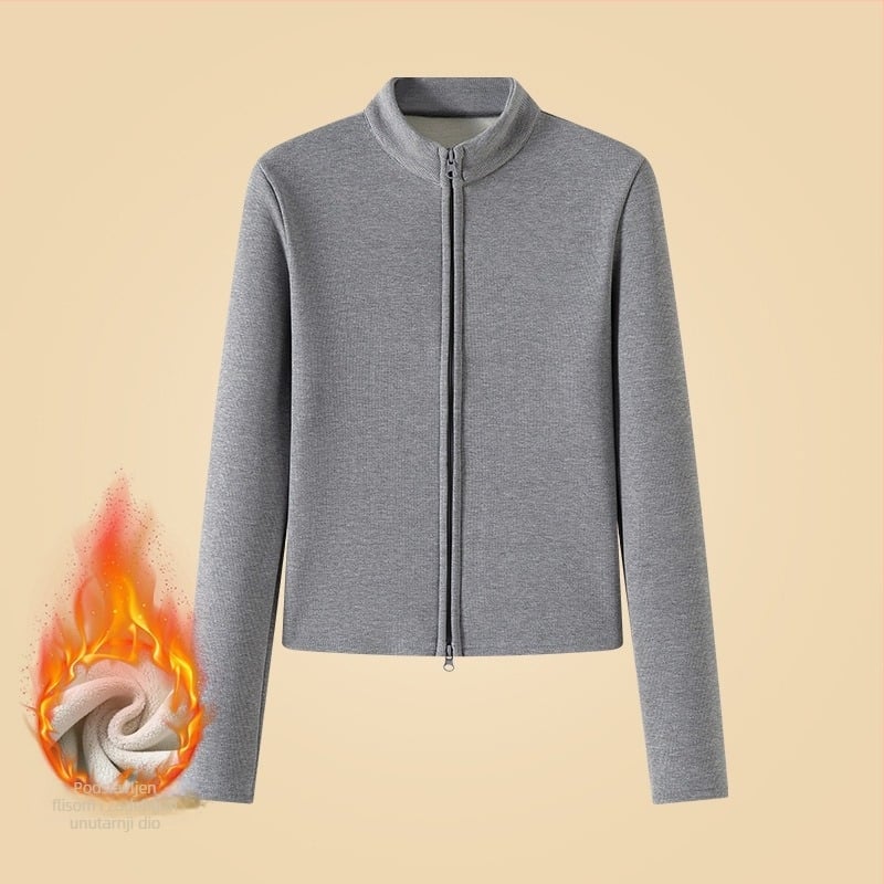 H863 Ženska jakna od austrijskog baršuna s fleece podlogom, stojeći ovratnik, dvostruki zip, uski kroj, kratka duljina, dugi rukavi