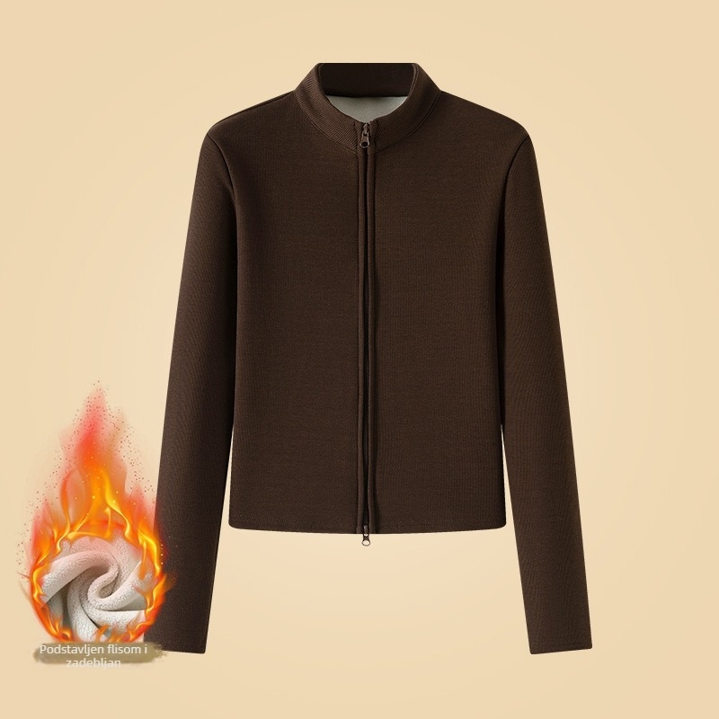 H863 Ženska jakna od austrijskog baršuna s fleece podlogom, stojeći ovratnik, dvostruki zip, uski kroj, kratka duljina, dugi rukavi