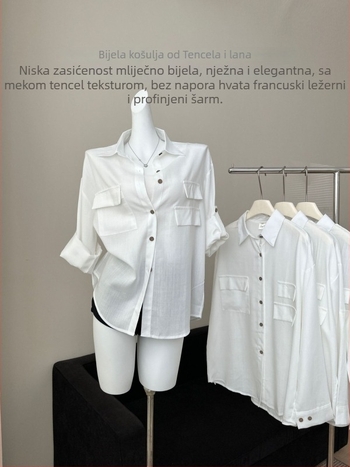 Ženska bijela košulja od Lyocell i lanenog materijala, opuštenog kroja, proljeće/ljeto, polo ovratnik, dugi rukav