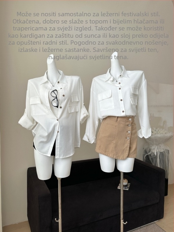 Ženska bijela košulja od Lyocell i lanenog materijala, opuštenog kroja, proljeće/ljeto, polo ovratnik, dugi rukav