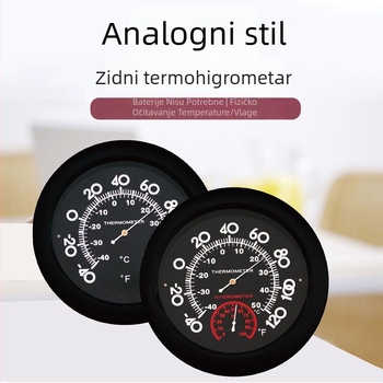Zidni termometar s pokazivačem i velikim kazaljkama za temperaturu i vlagu okoliša, za unutarnju upotrebu