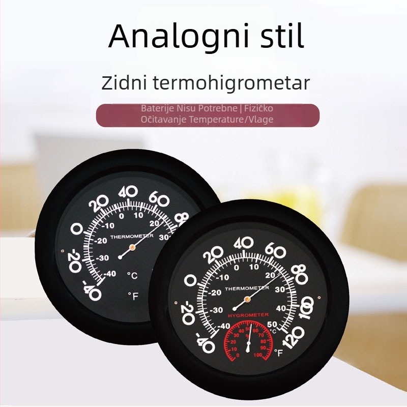 Zidni termometar s pokazivačem i velikim kazaljkama za temperaturu i vlagu okoliša, za unutarnju upotrebu